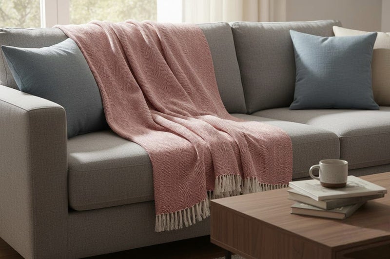 Ambrosia 130 x 160 cm Cotton Herringbone Throw Blanket in Red for Couch, 400GSM Soft Decorative Tassel Fringe Sofa Cover and Boho Bed Runner - Image 5